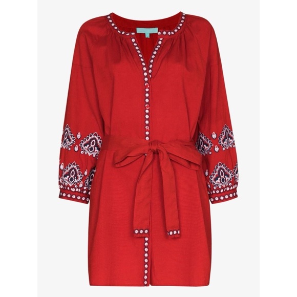 Melissa Odabash NWOT Tania Red Kaftan Dress Large Embroidered Tie Waist - Picture 6 of 16